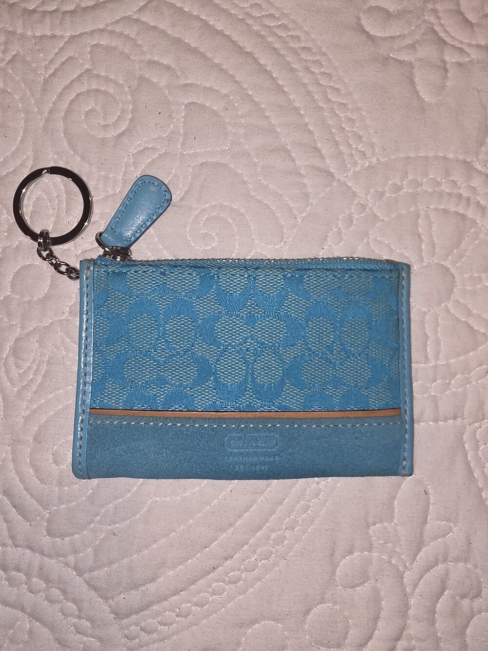 Coach Blue Signature Card Case with Key Ring